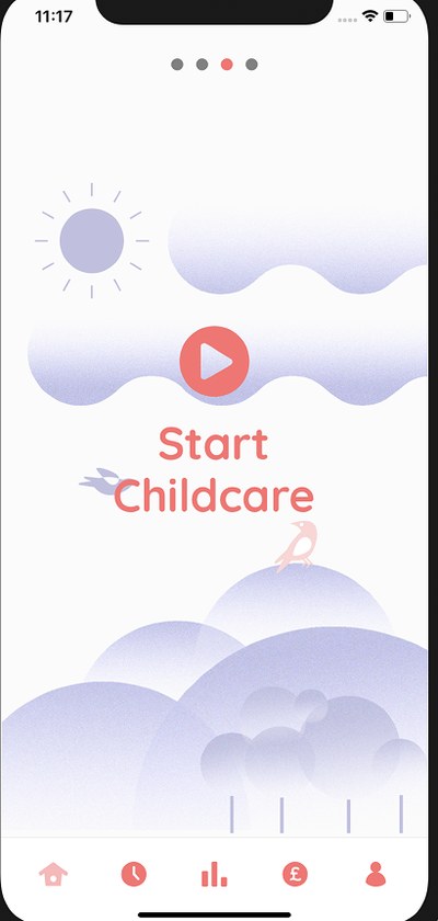 Start Childcare screen with a play button over illustrated hills and sun