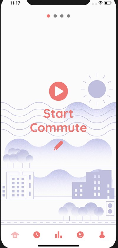 Start Commute screen with a play button over an illustrated city street