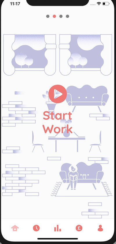 Workerbird app on a phone: Start Work screen over an illustrated home workspace