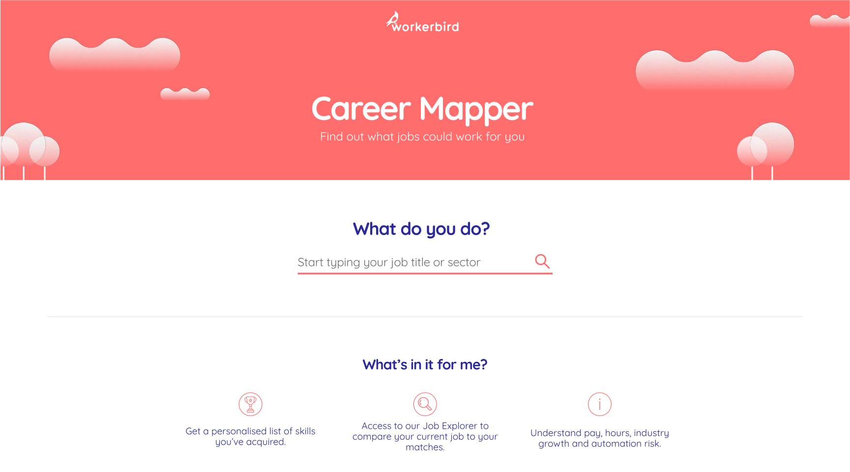 The Career Mapper landing page: a coral banner reading Career Mapper, find out what jobs could work for you, a job title search box, and three benefits