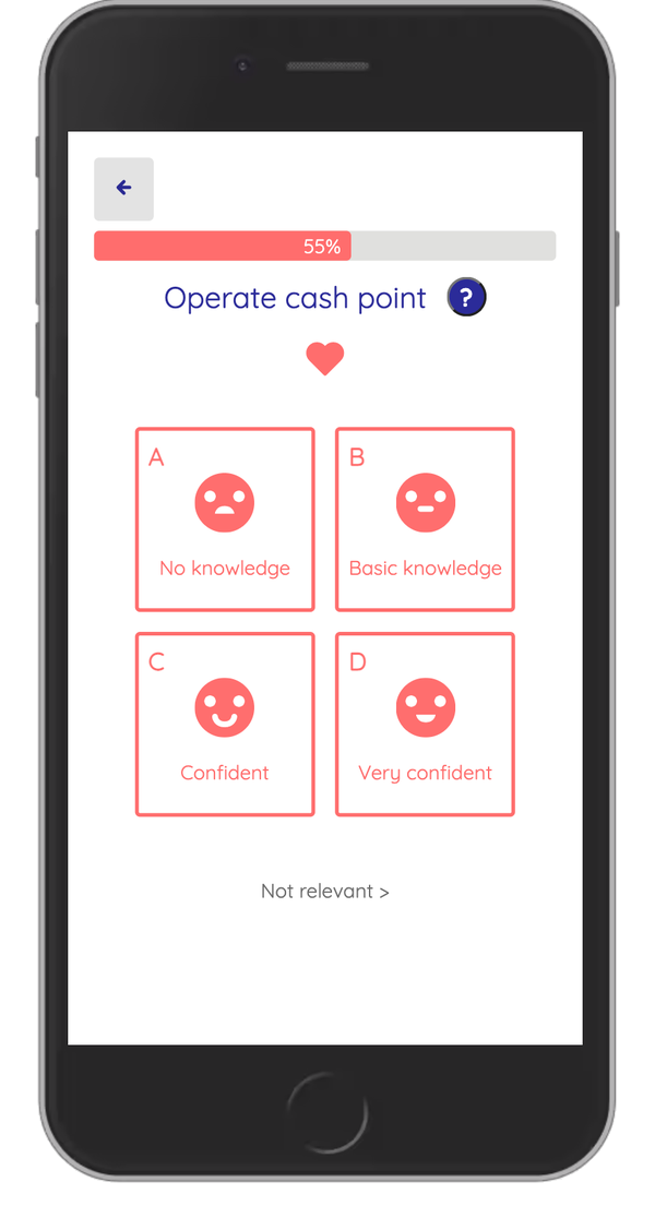 Career Mapper on a phone: rating confidence in the skill Operate cash point, from No knowledge to Very confident
