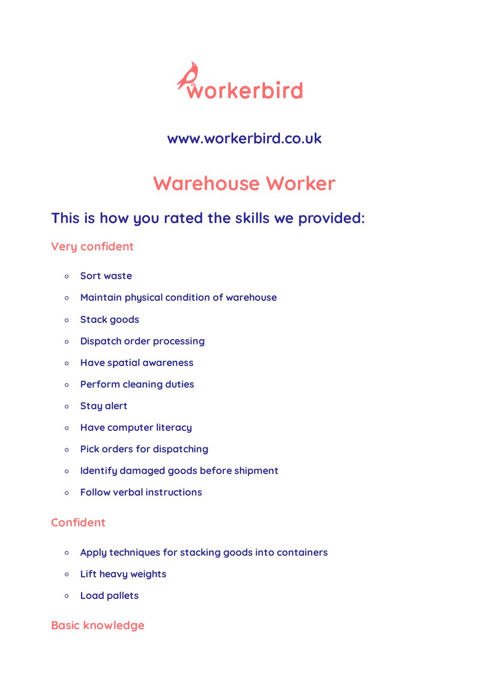 Page 1 of a completed skills report for a warehouse worker, listing skills rated very confident, confident and basic knowledge