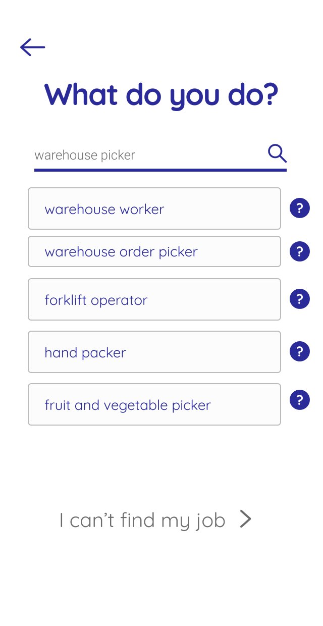 Screen: What do you do? A job title search with suggestions such as warehouse worker and forklift operator