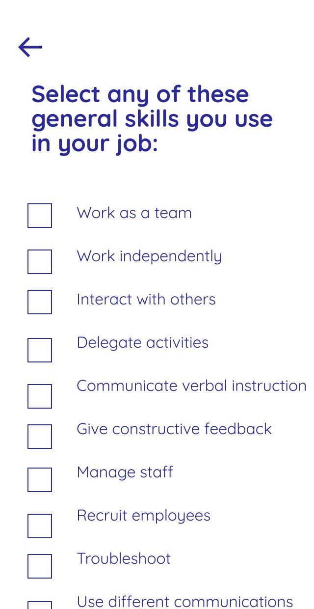 Screen: a checklist of general skills such as work as a team, delegate activities and troubleshoot