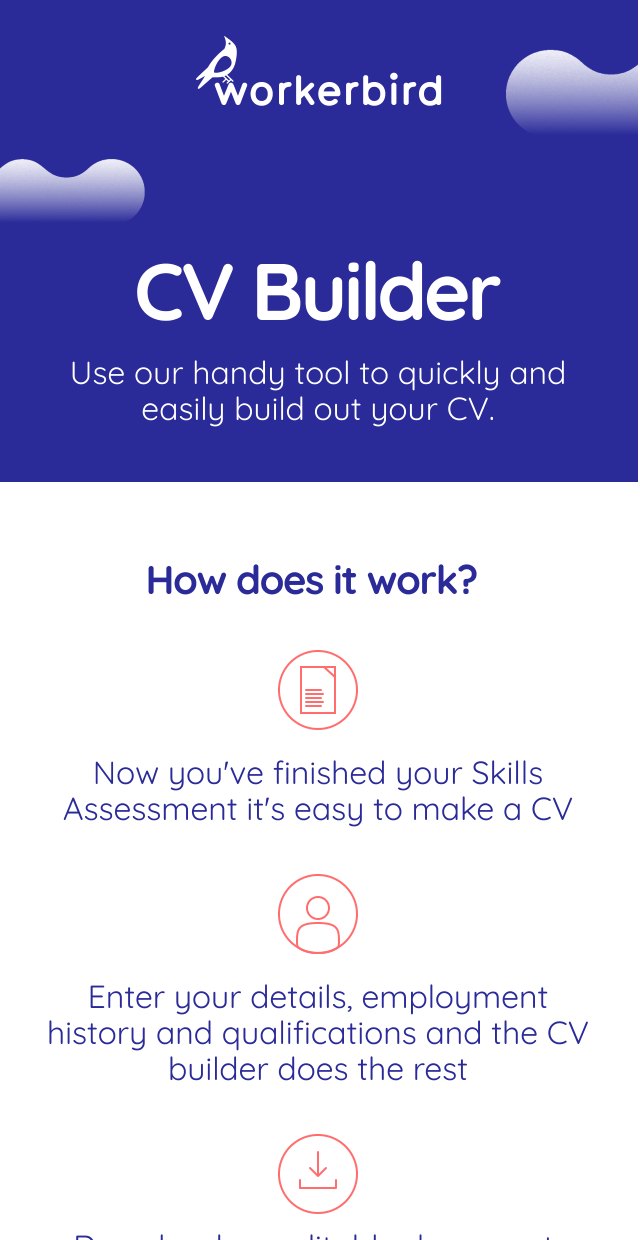 Screen: CV Builder, explaining that after the Skills Assessment users could enter their details and download an editable CV
