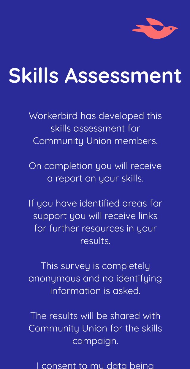 Union version start screen explaining the assessment was developed for union members, is completely anonymous, and asking for consent to store data