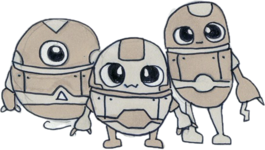 Hand-drawn illustration of three round robot Anymata