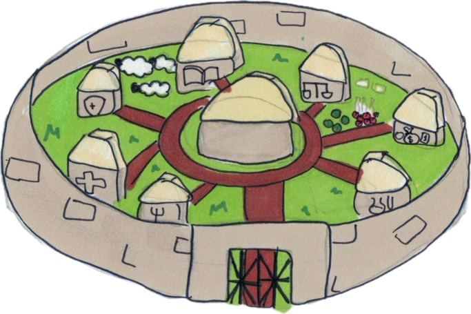 Hand-drawn map of a round walled city with houses around a central hall and a gate in the wall