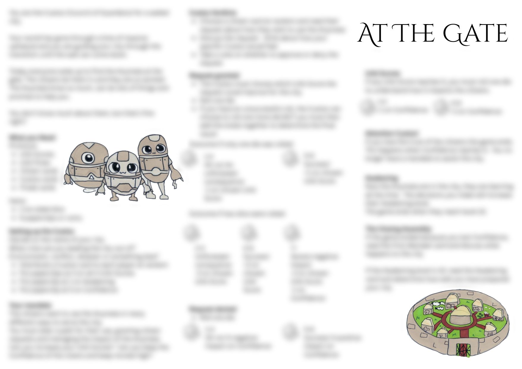The At the Gate one-page rules sheet, with the rules blurred out and only the title and hand-drawn illustrations visible