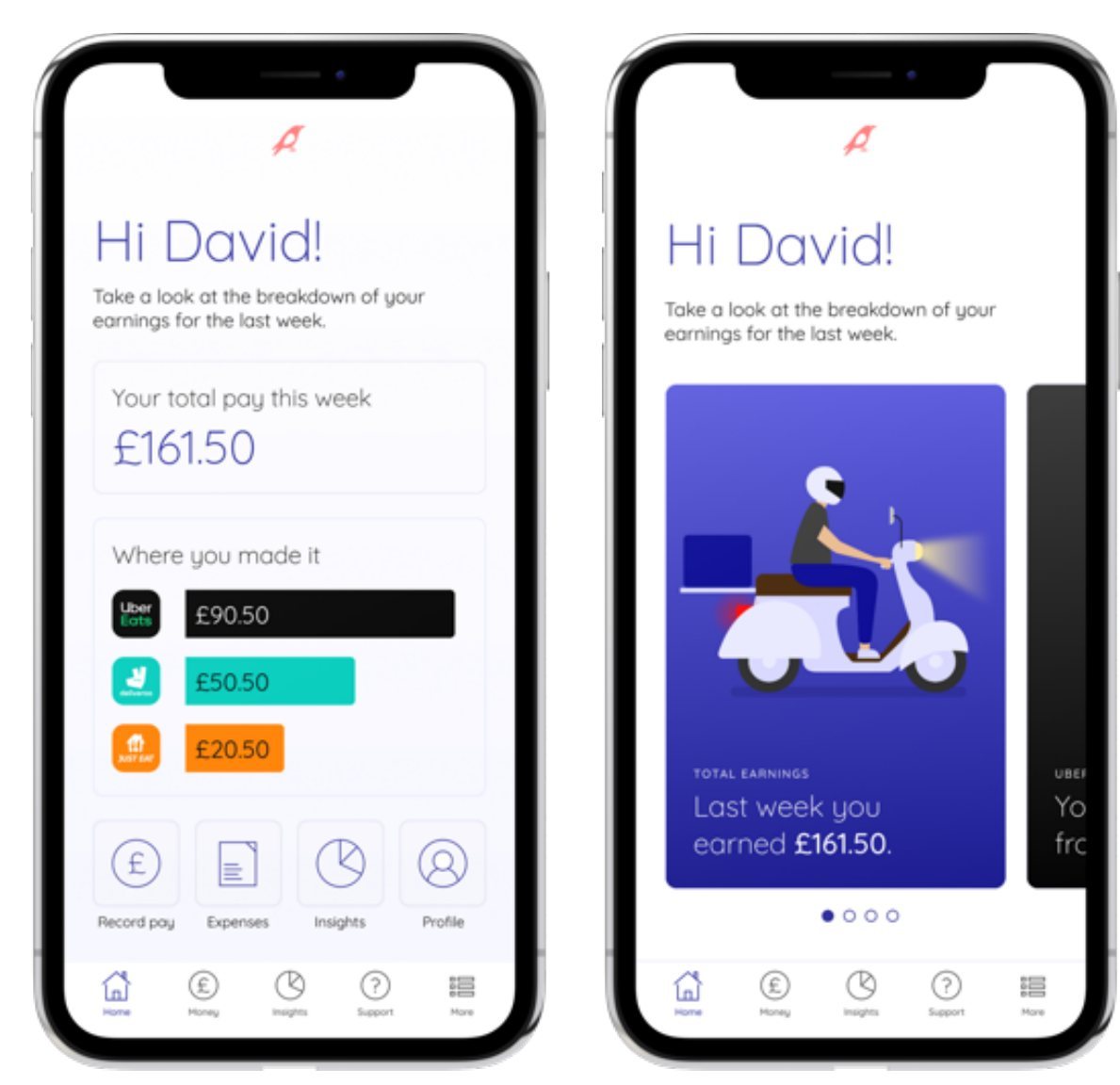 Two alternative homescreen designs greeting the rider with weekly earnings
