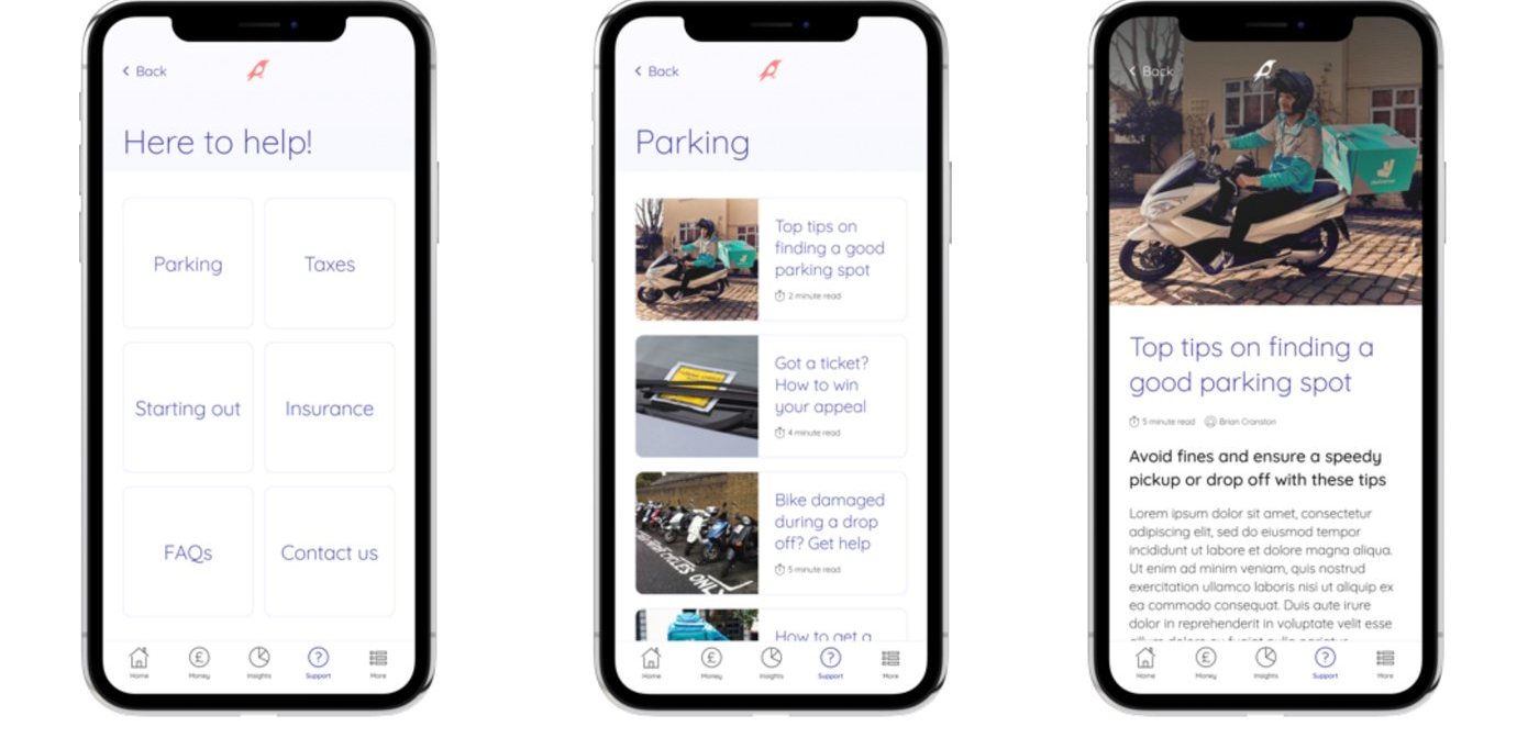 Support screens with help topics and tips on finding a parking spot