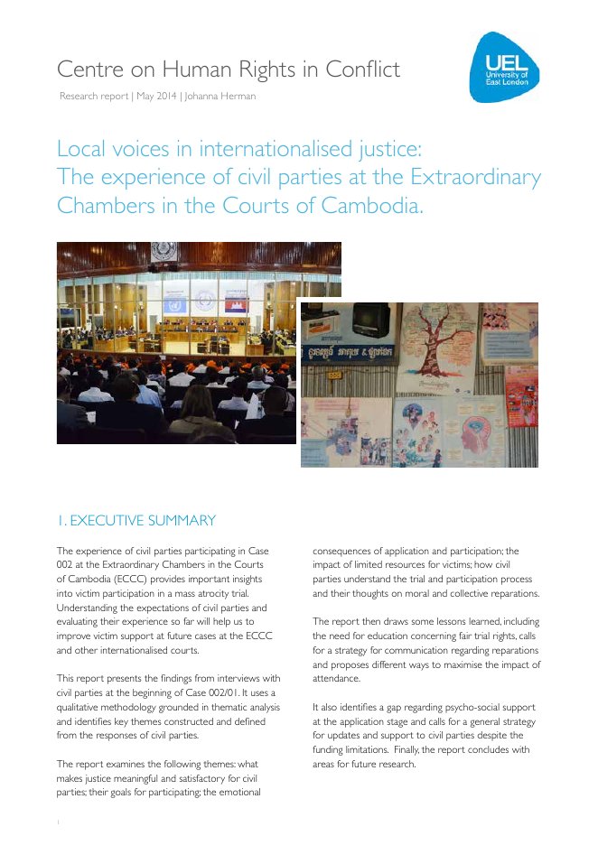 Cover of the report Local voices in internationalised justice, Centre on Human Rights in Conflict, May 2014