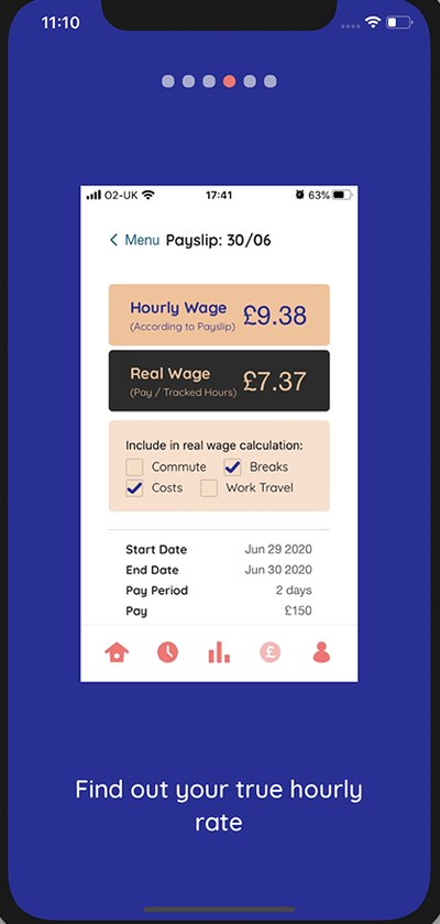 Introduction screen 4: Find out your true hourly rate, showing a payslip with an hourly wage of £9.38 and a real wage of £7.37