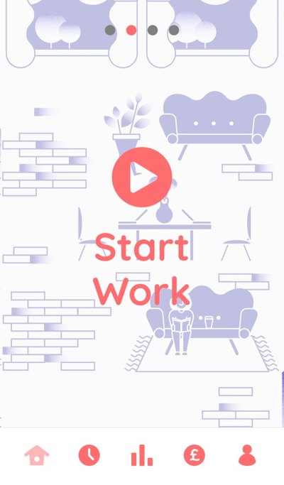 Workerbird app home screen with a Start Work button over an illustrated home workspace